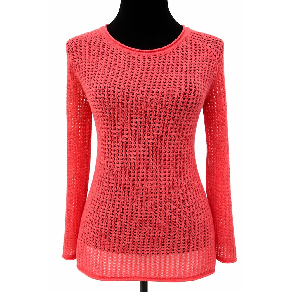 Claudia Nichole Womens Open Knit Crew Neck Sweater Large‎ Orange 100% Cashmere